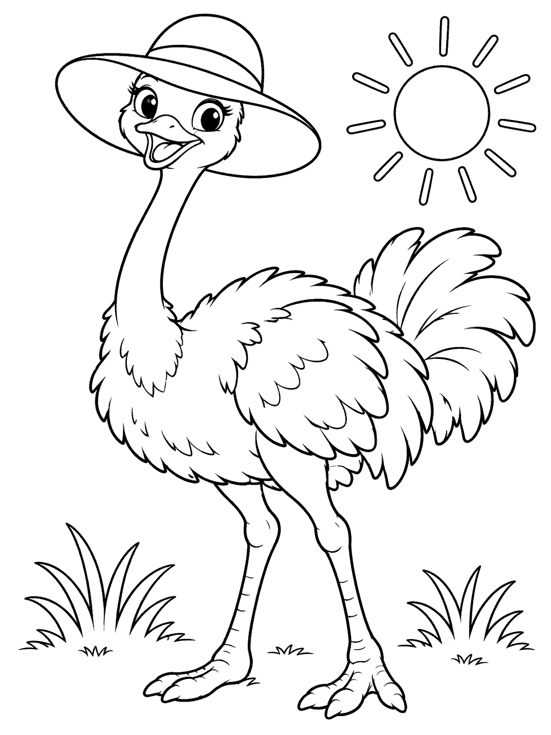 Full-body ostrich wearing a plain wide-brim sun hat, with a sun and grass tufts.
