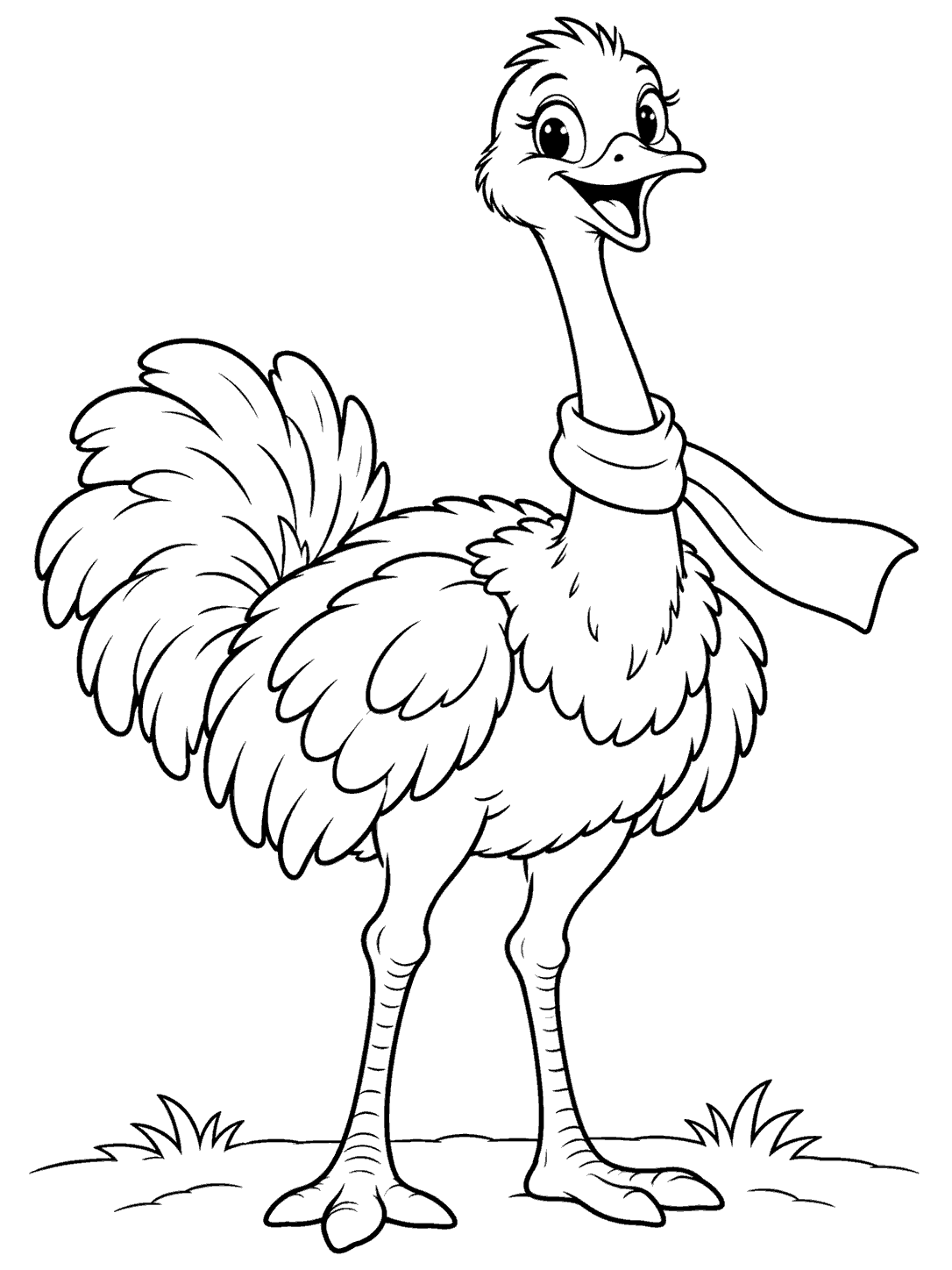 Cheerful, long-necked ostrich with a trailing scarf standing on a simple grassy ground line
