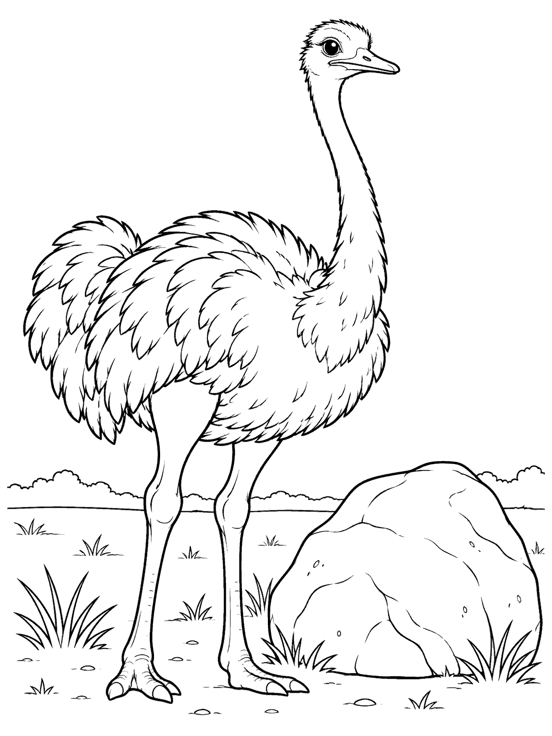 Upright ostrich standing beside a large rounded rock, with grass and a low horizon