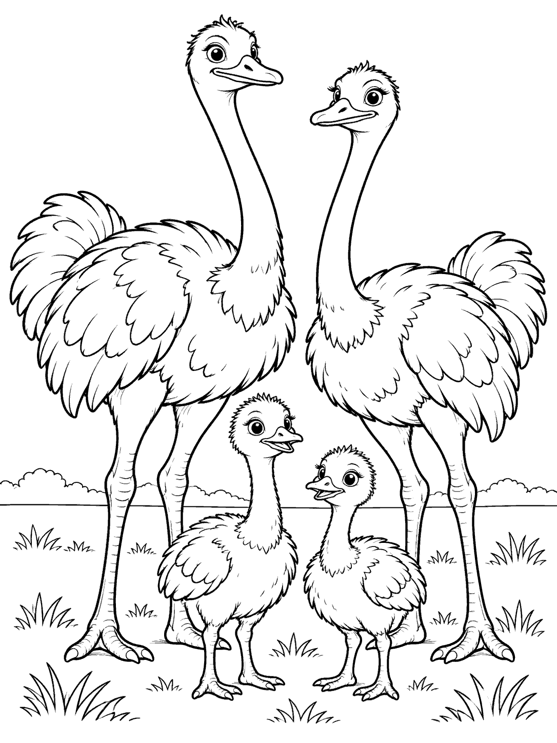Two adult ostriches with two chicks standing together in a field