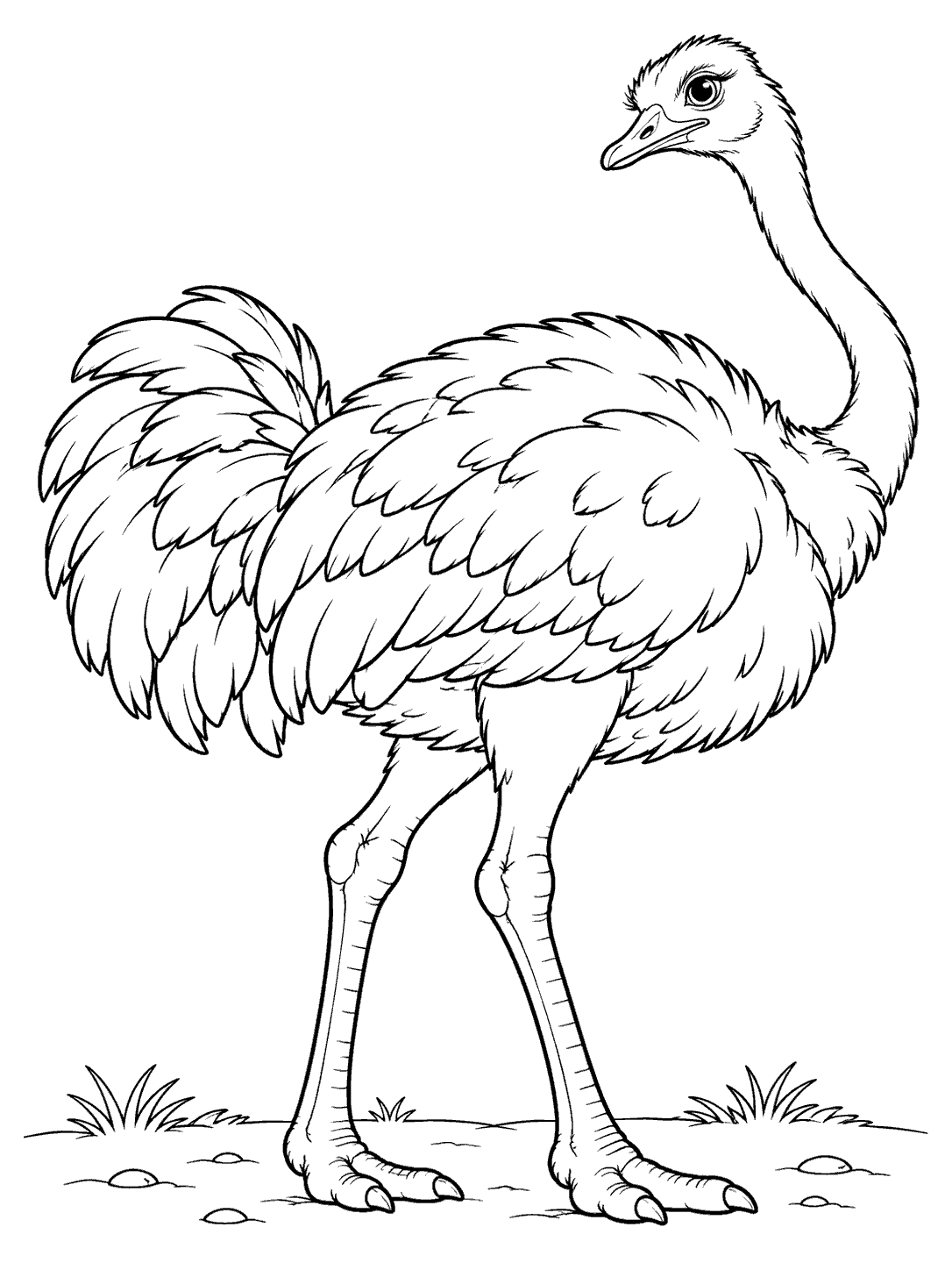 Black-and-white line art of a full-body ostrich with its head turned back, standing on a ground line with tufts of grass and small stones.