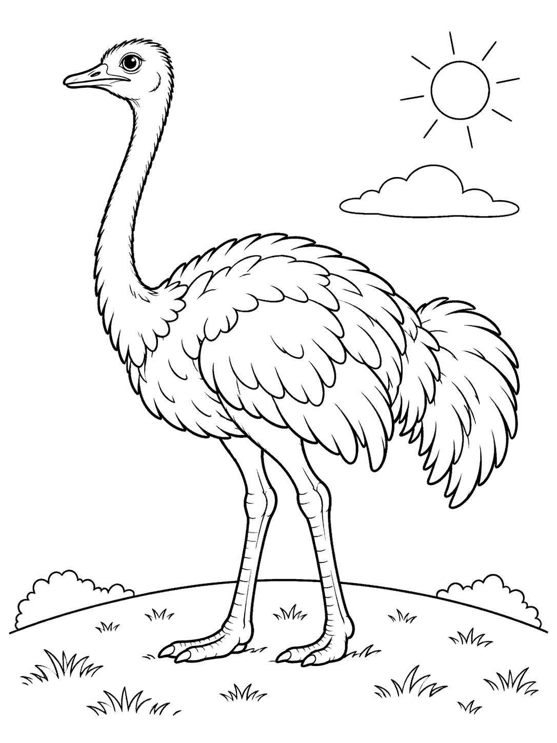 A large ostrich in profile standing on a gentle hill, with a sun and cloud in the open sky.