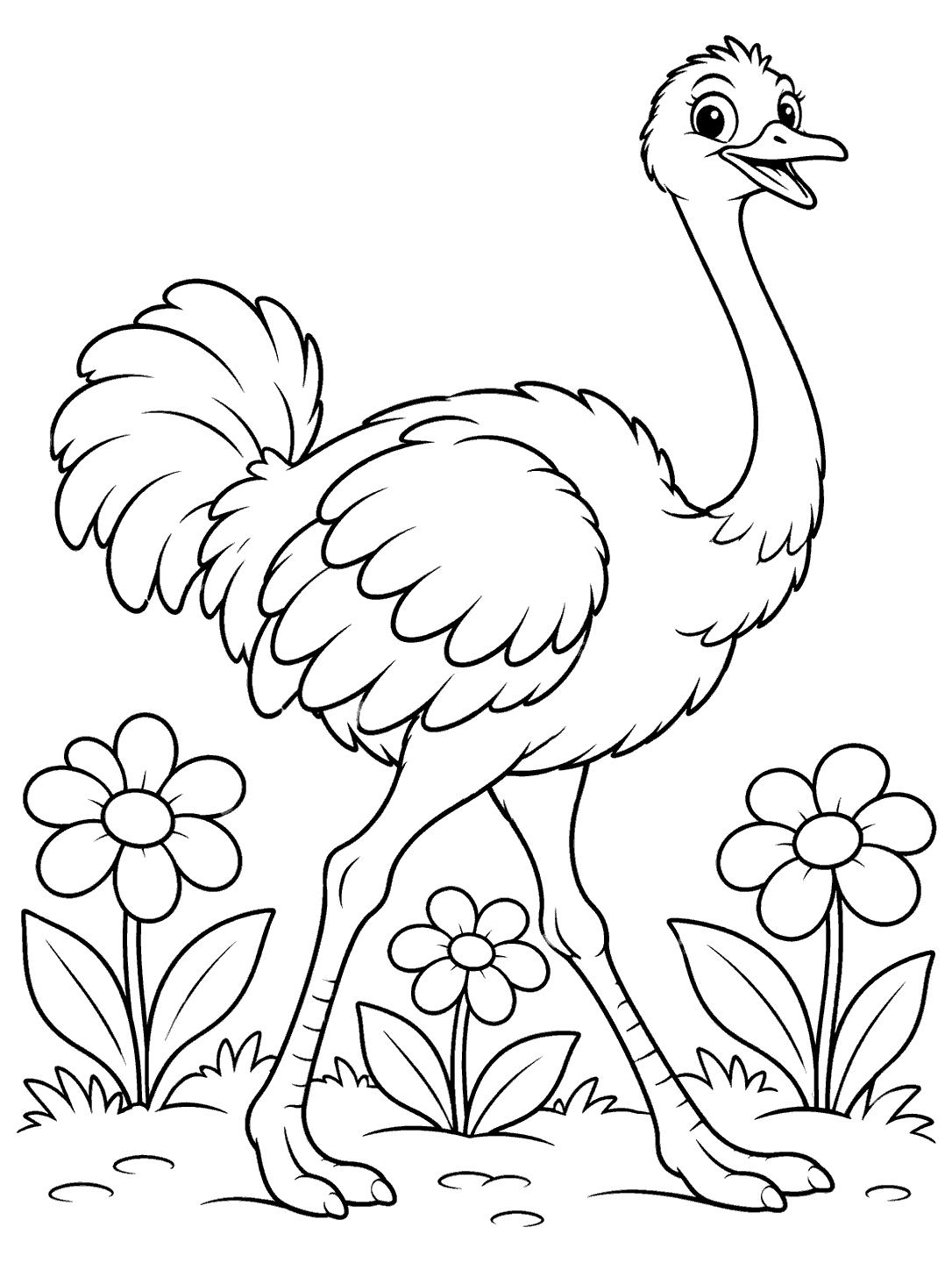 A wide-eyed ostrich with its legs visible among three large flowers and broad leaves.