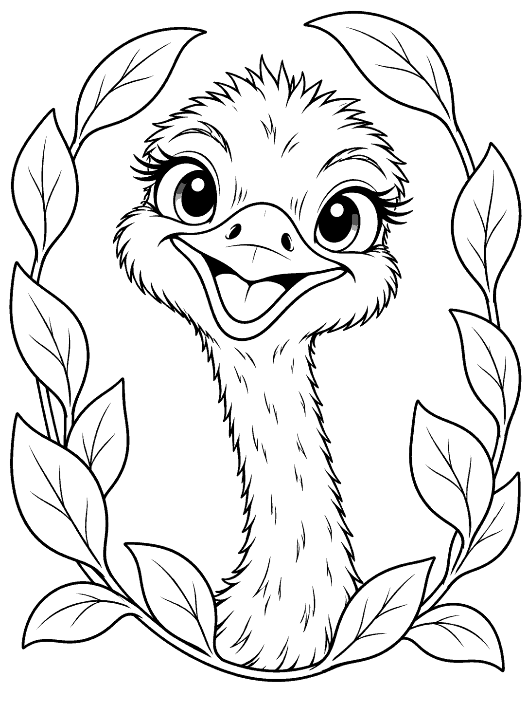 Friendly ostrich head and neck portrait with expressive eyes, framed by broad leaves