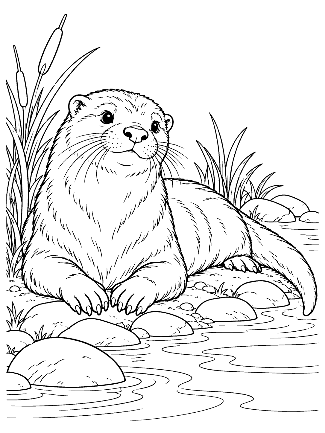 A resting river otter with forward paws and a long tail, surrounded by reeds, smooth stones, and ripples.