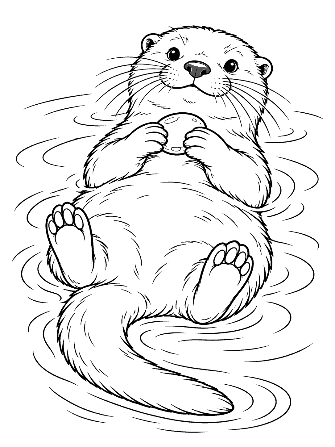 Line art of an otter floating on its back in rippling water, holding a pebble above its chest, with its whiskers, hind feet, and long tail visible.