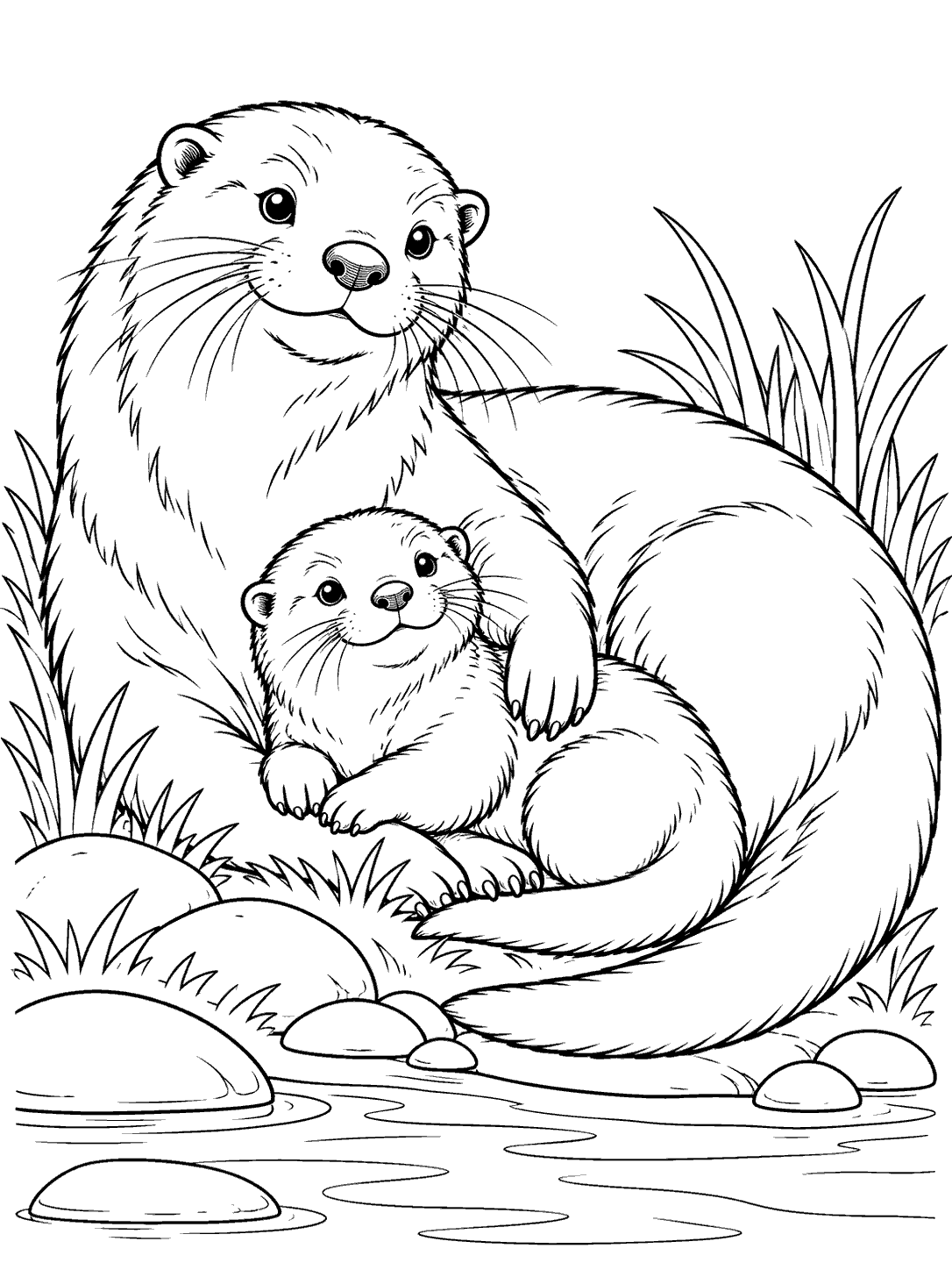 Mother otter curling protectively around her pup beside grasses, stones, and water