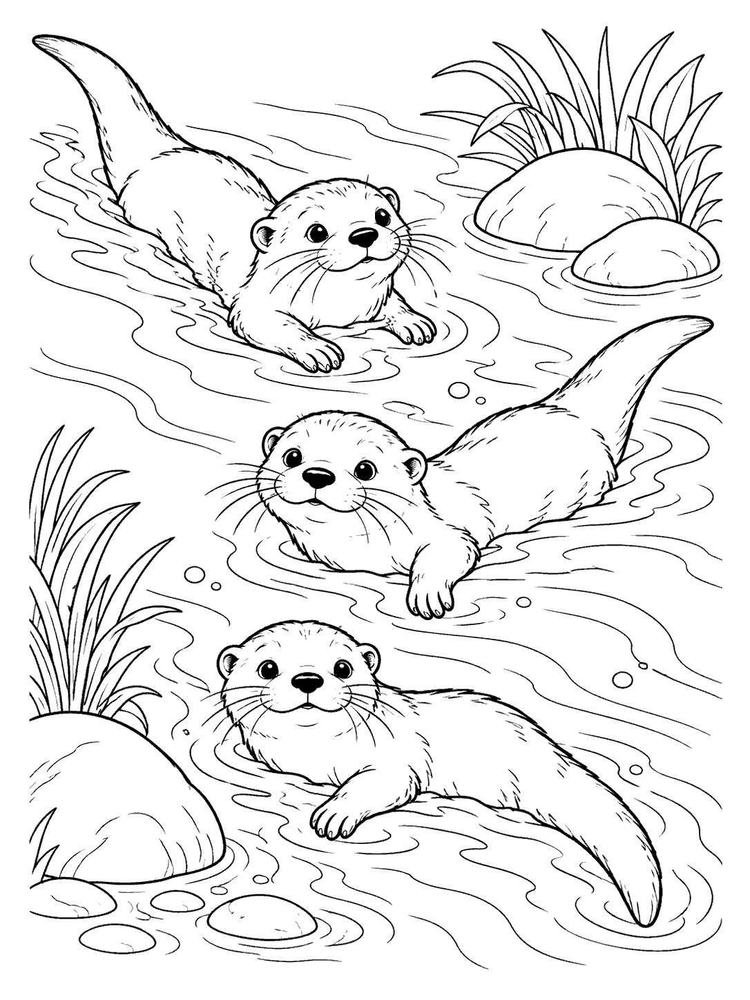 Three river otters swimming in a diagonal line among current lines, river stones, and reeds.