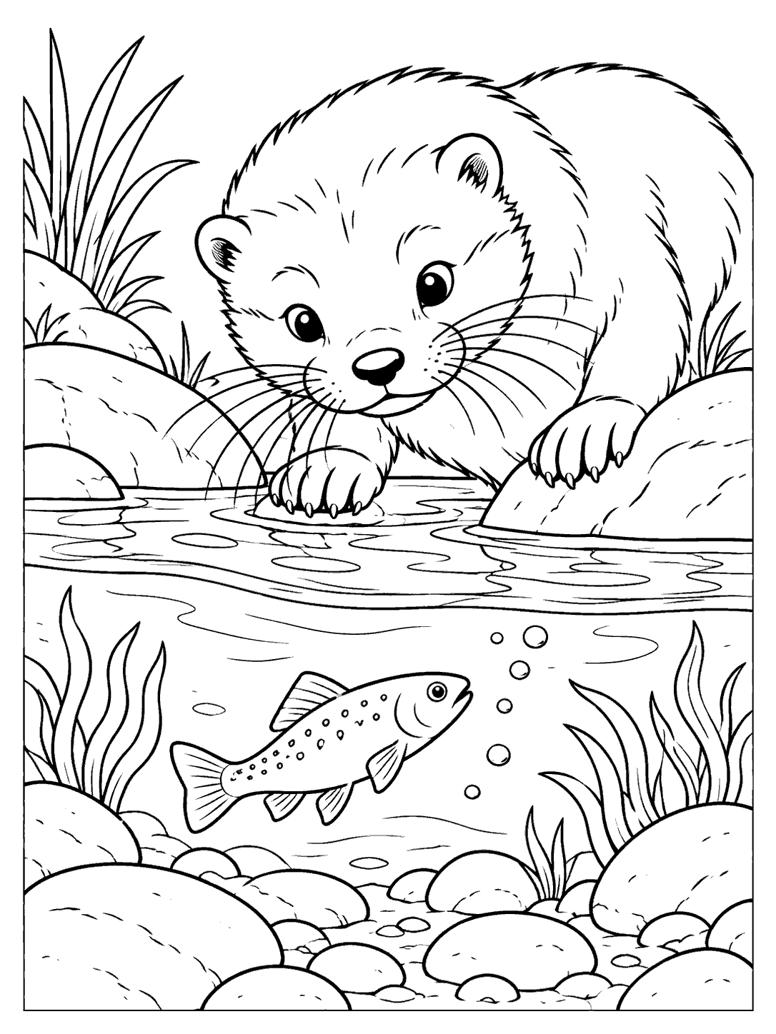 A river otter leans over a clear stream as a small fish swims among bubbles and stones below.
