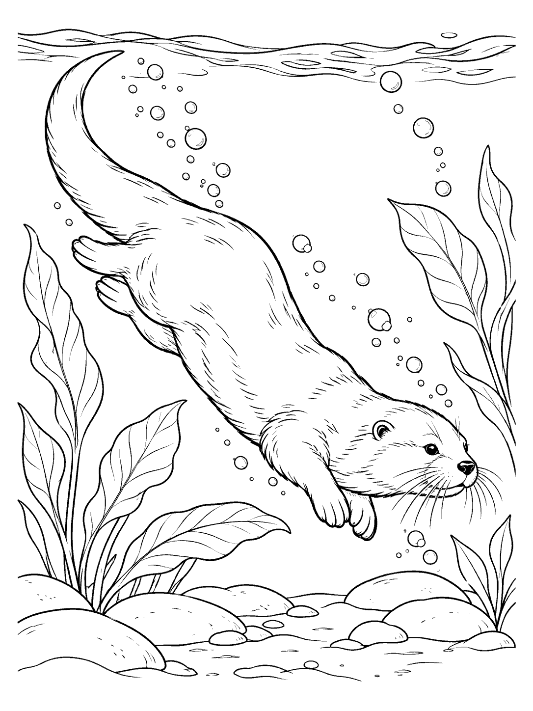 A streamlined river otter dives beneath a wavy water surface, surrounded by bubbles, broad aquatic leaves, and river stones.