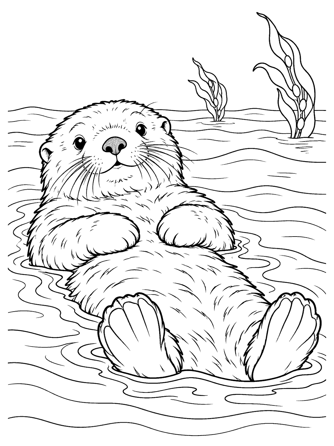 Sea otter floating on its back in ocean water, with its paws on its belly, feet visible, and kelp in the distance.