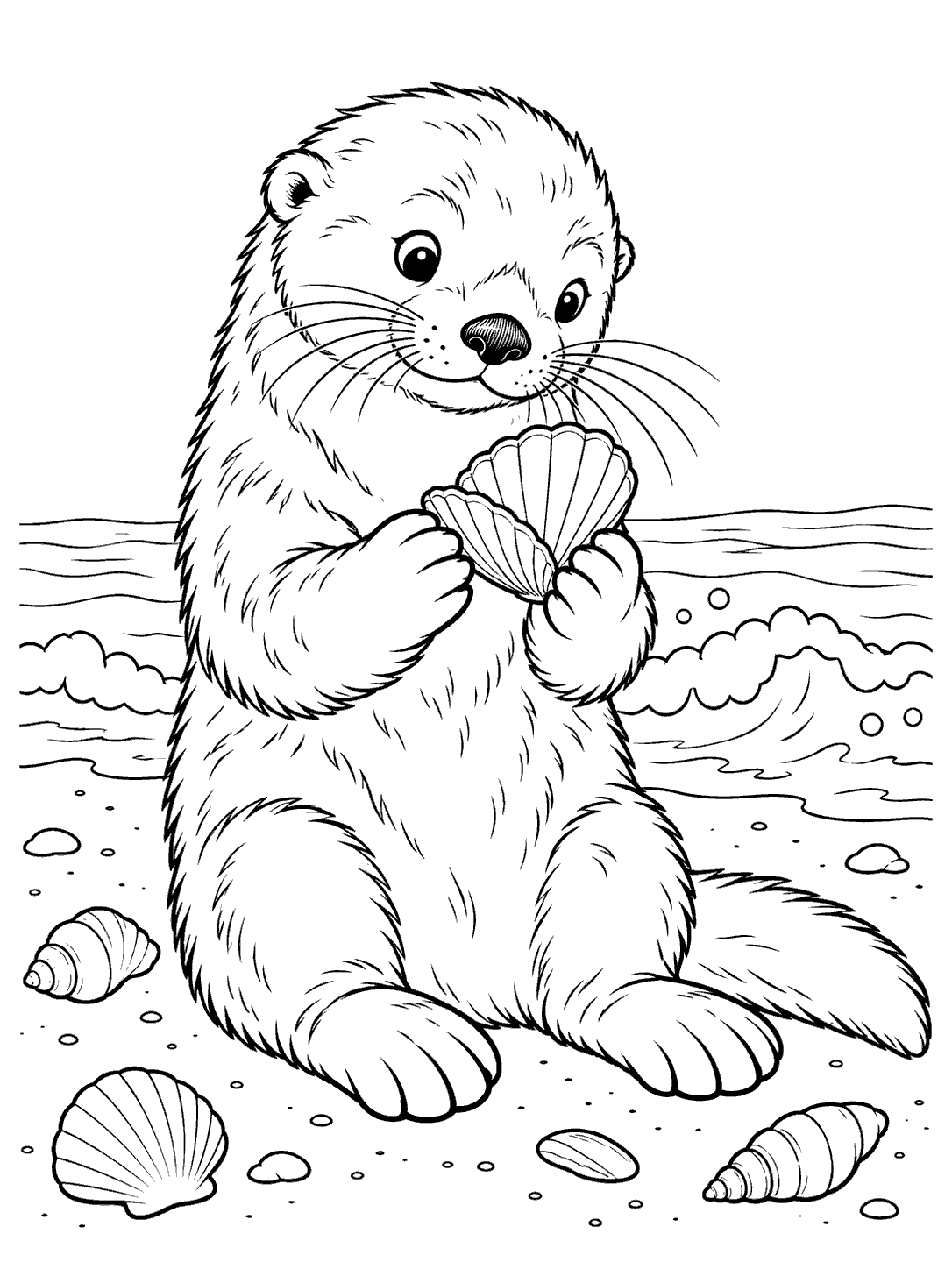 Upright sea otter holding an open seashell, with scattered shells and low waves around it.