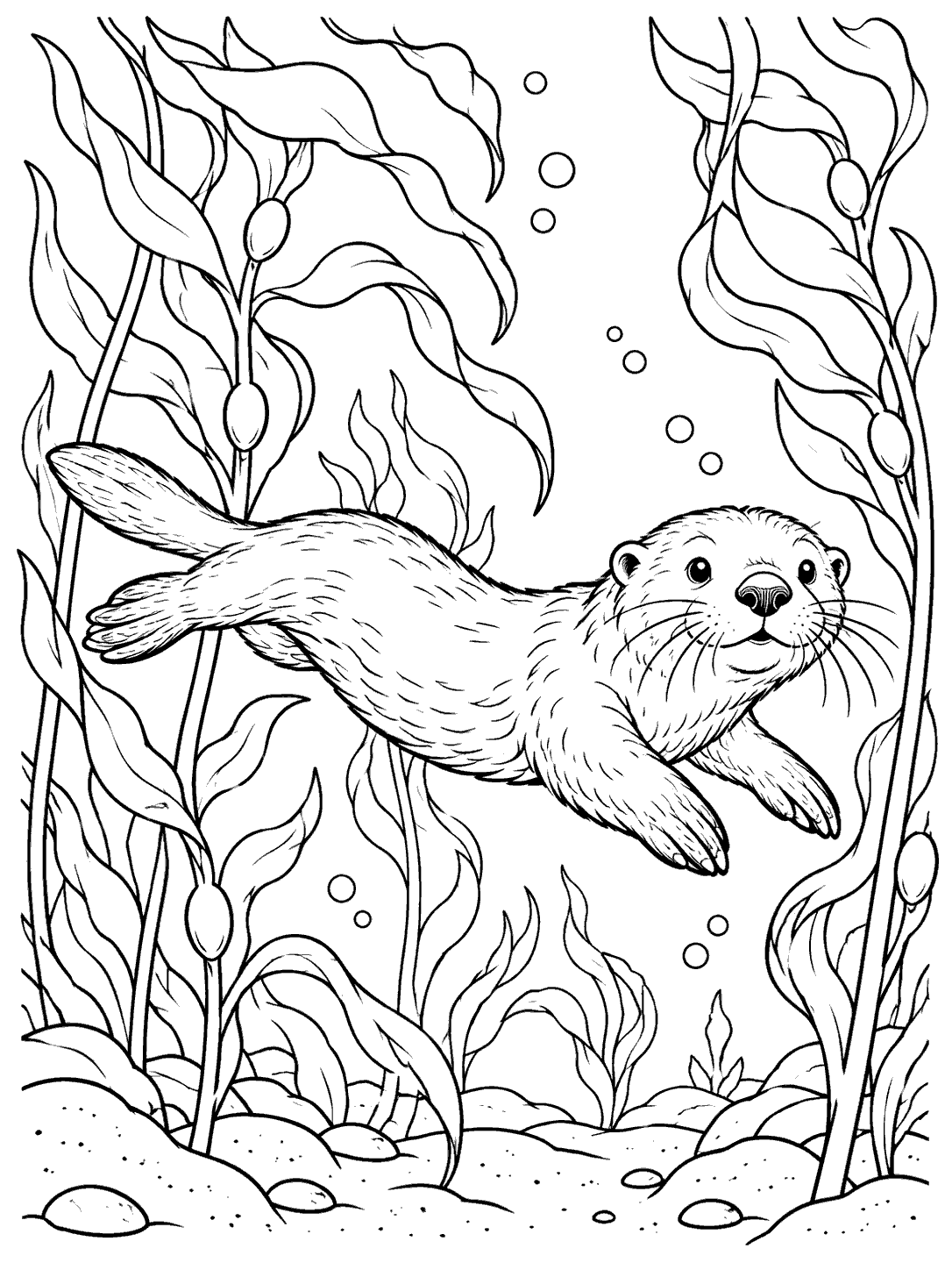 A sea otter swimming horizontally between tall kelp fronds, above a rocky ocean floor with bubbles
