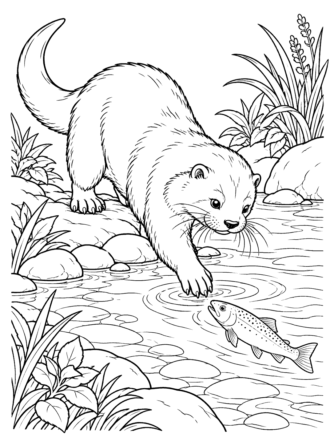 A river otter reaches a paw toward a fish in a shallow stream, surrounded by ripples and riverbank plants.