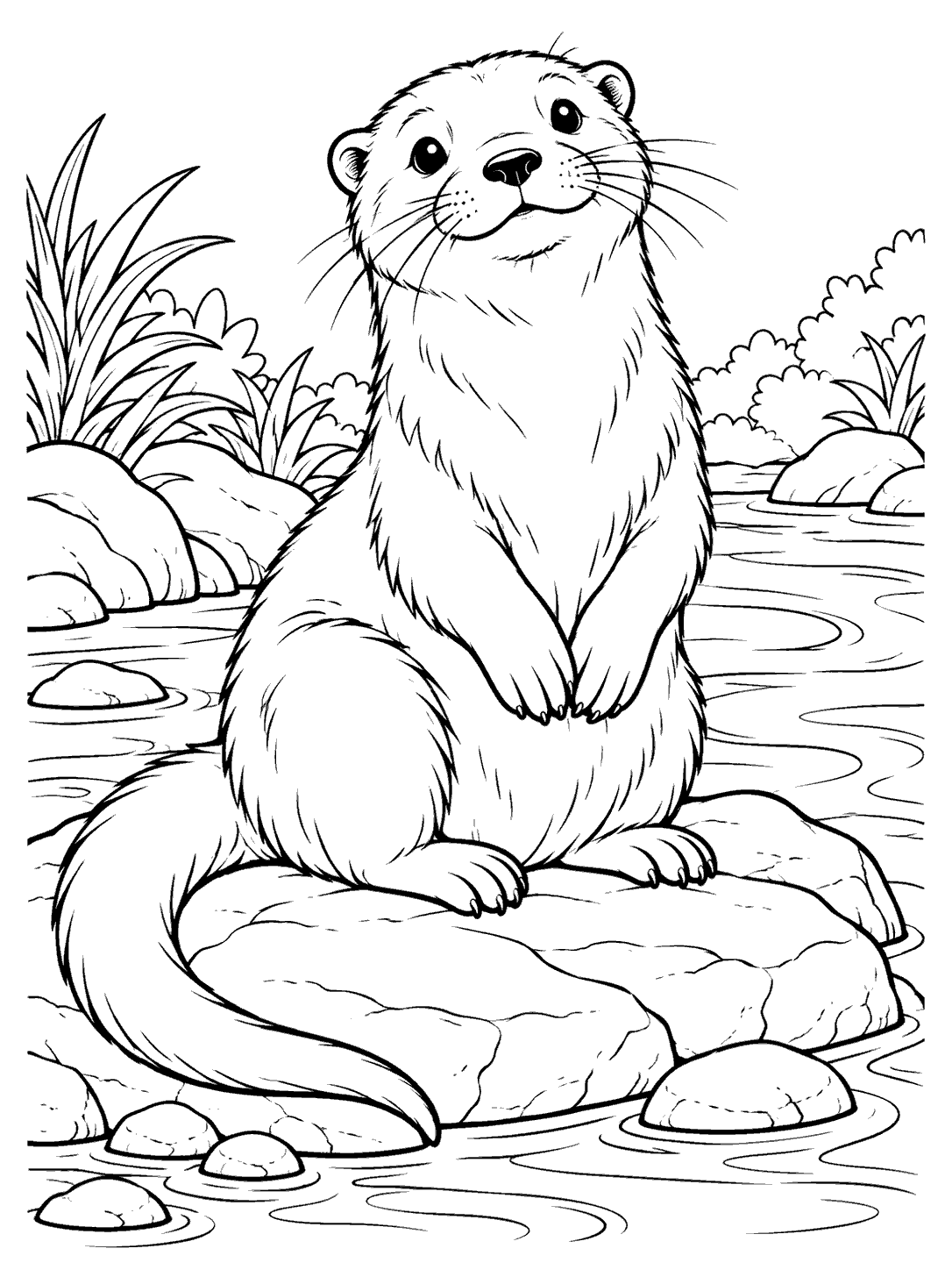 Expressive river otter sitting upright with paws together and tail curled along a rock in a stream, with surrounding stones, grasses, and shrubs.