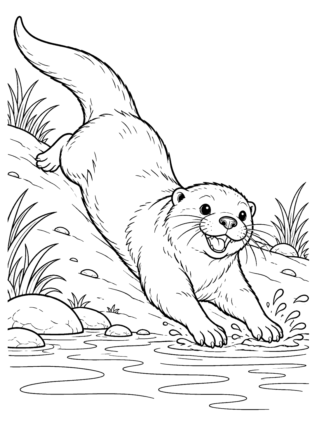 A smiling river otter slides paws-first down a riverbank toward shallow water, with its tail trailing behind.