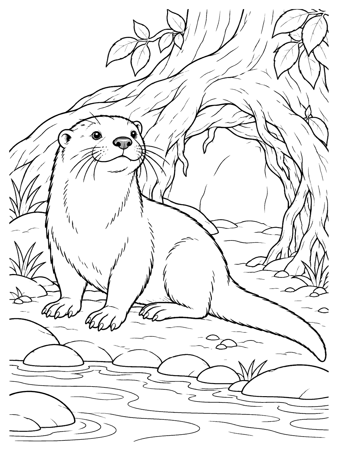 A seated river otter beside a broad den opening under exposed tree roots, with leaves, stones, and a stream.