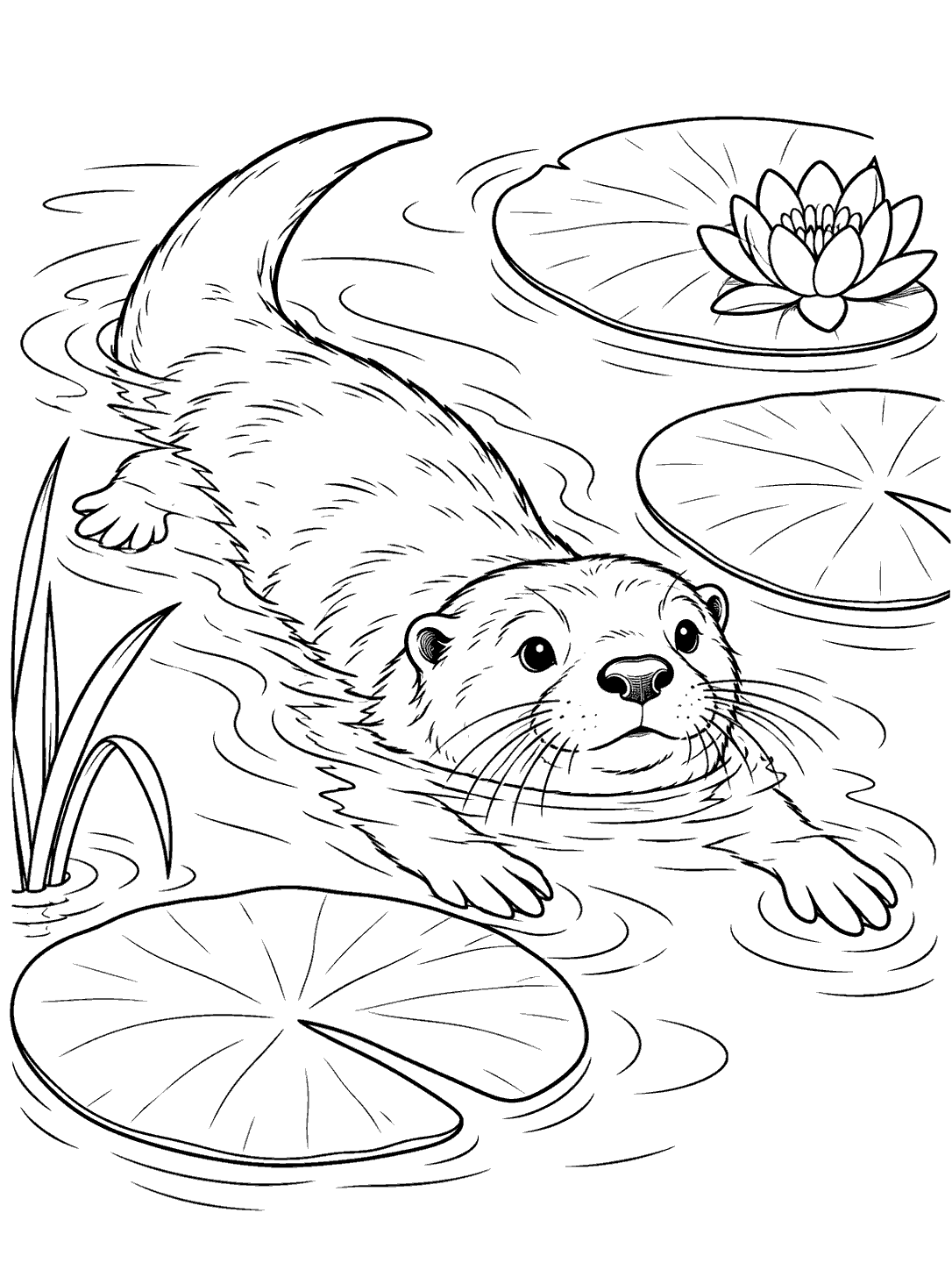 Black-and-white coloring page showing an otter swimming beside three lily pads, with a flower on one pad and sparse pond ripples.