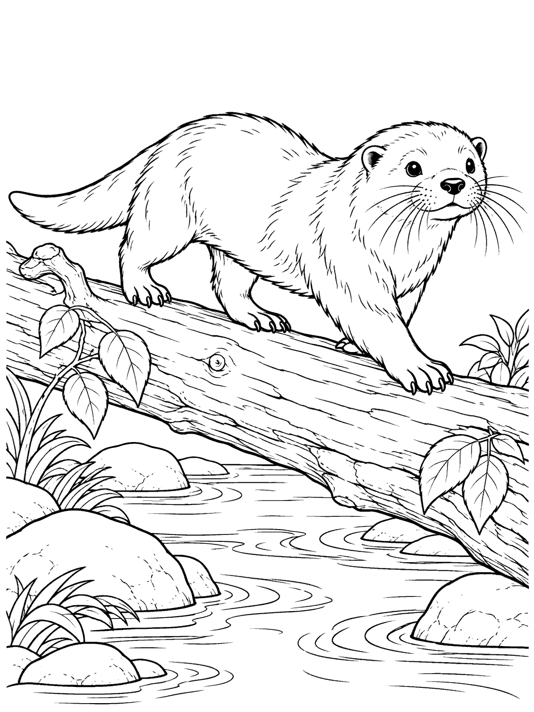 A river otter with all four limbs on a fallen log above a stream, with leaves, rocks, and water ripples.