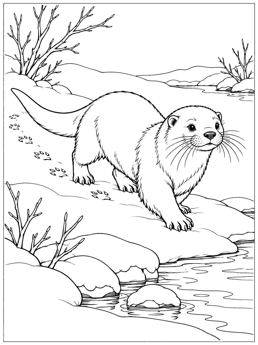 A fully visible river otter walks across a snowy riverbank, leaving pawprints near bare branches and open water.