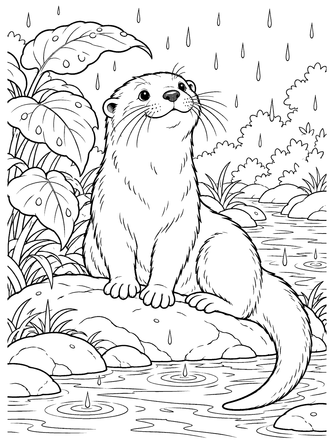 A contented river otter sits beside a stream in light rain, surrounded by broad leaves, rocks, and puddle rings.
