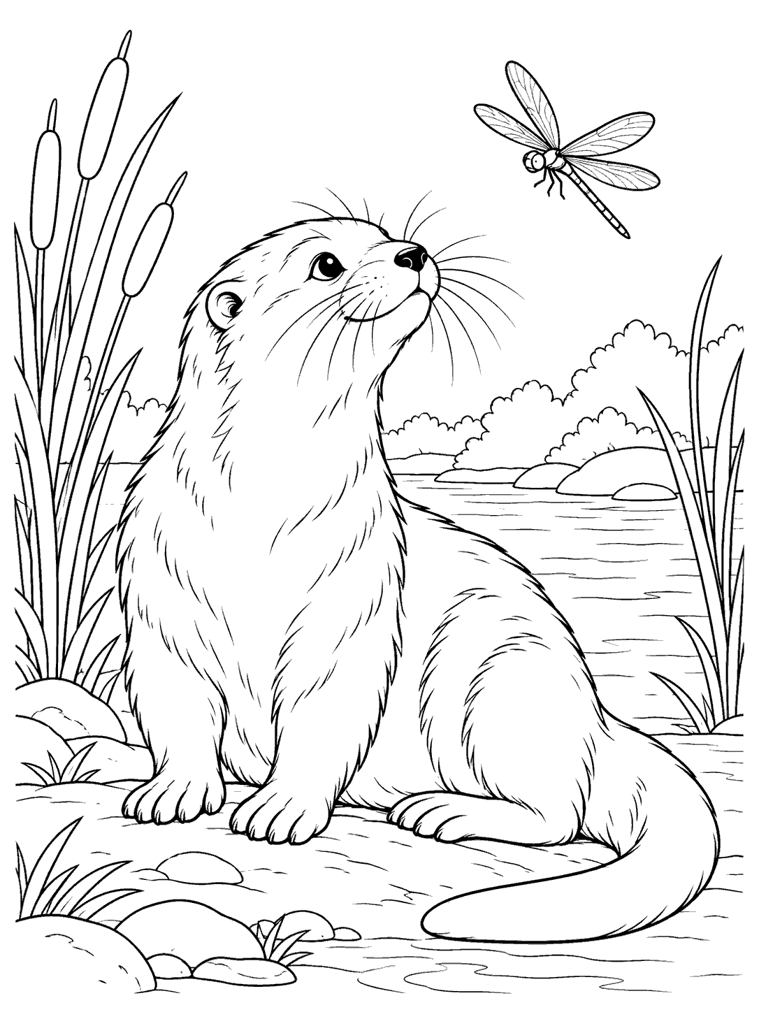 Black-and-white line art of a seated river otter watching a dragonfly above a riverbank, framed by reeds and water.