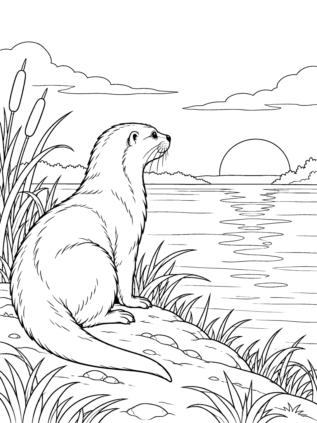 A seated river otter in profile watches a setting sun across the water, with reeds and shoreline details.
