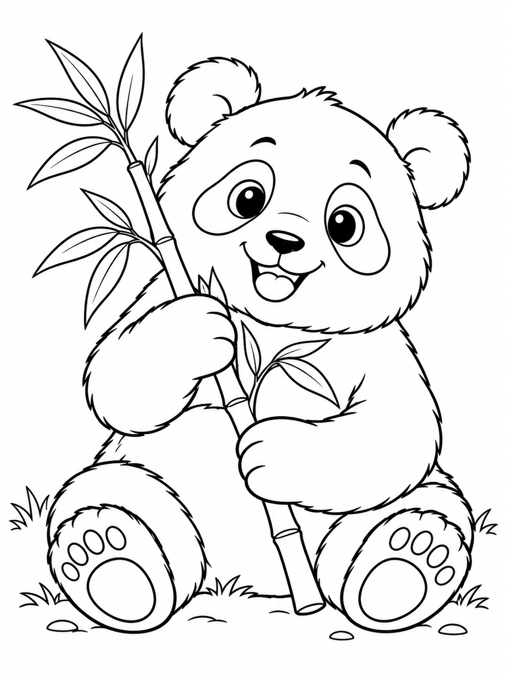 Black-and-white coloring page of a seated panda holding leafy bamboo, with grass and a few stones at its feet.