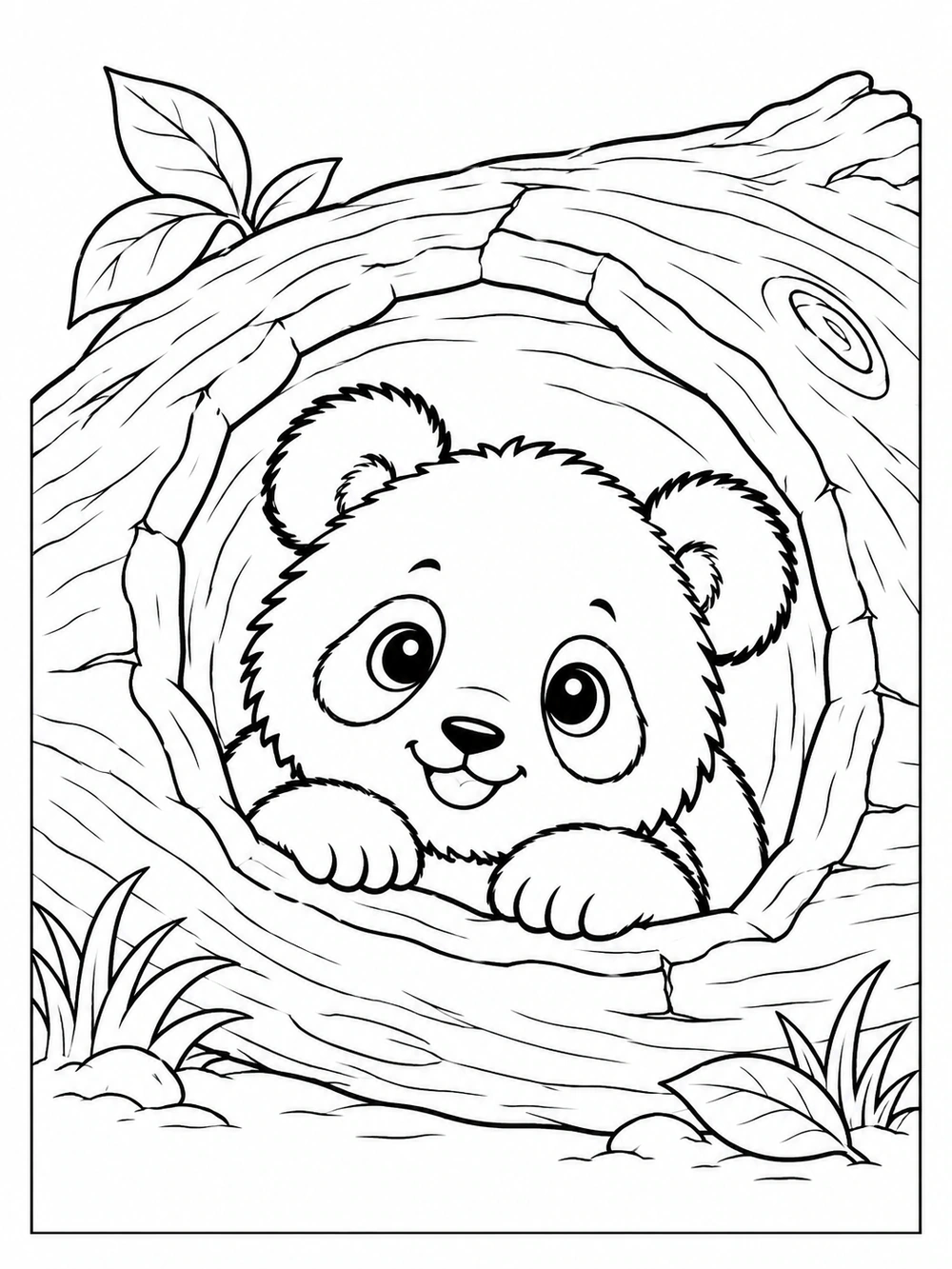 Black-and-white panda cub peeking from a wide hollow fallen log, with paws resting on the lower rim, wood grain, and leaves.