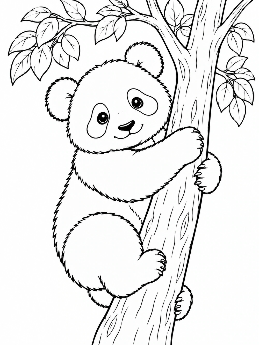 A smiling panda hugging a tree trunk with all four paws, surrounded by leafy branches in a black-and-white coloring page.