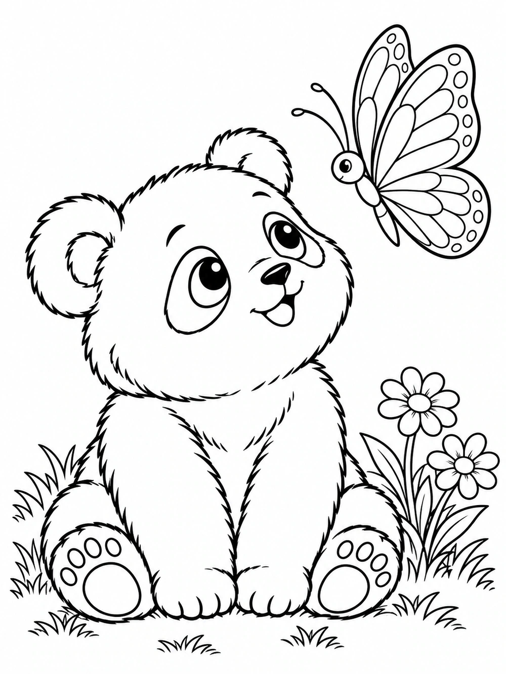 Seated panda looking up at a large butterfly, with grass and two flowers at its feet.