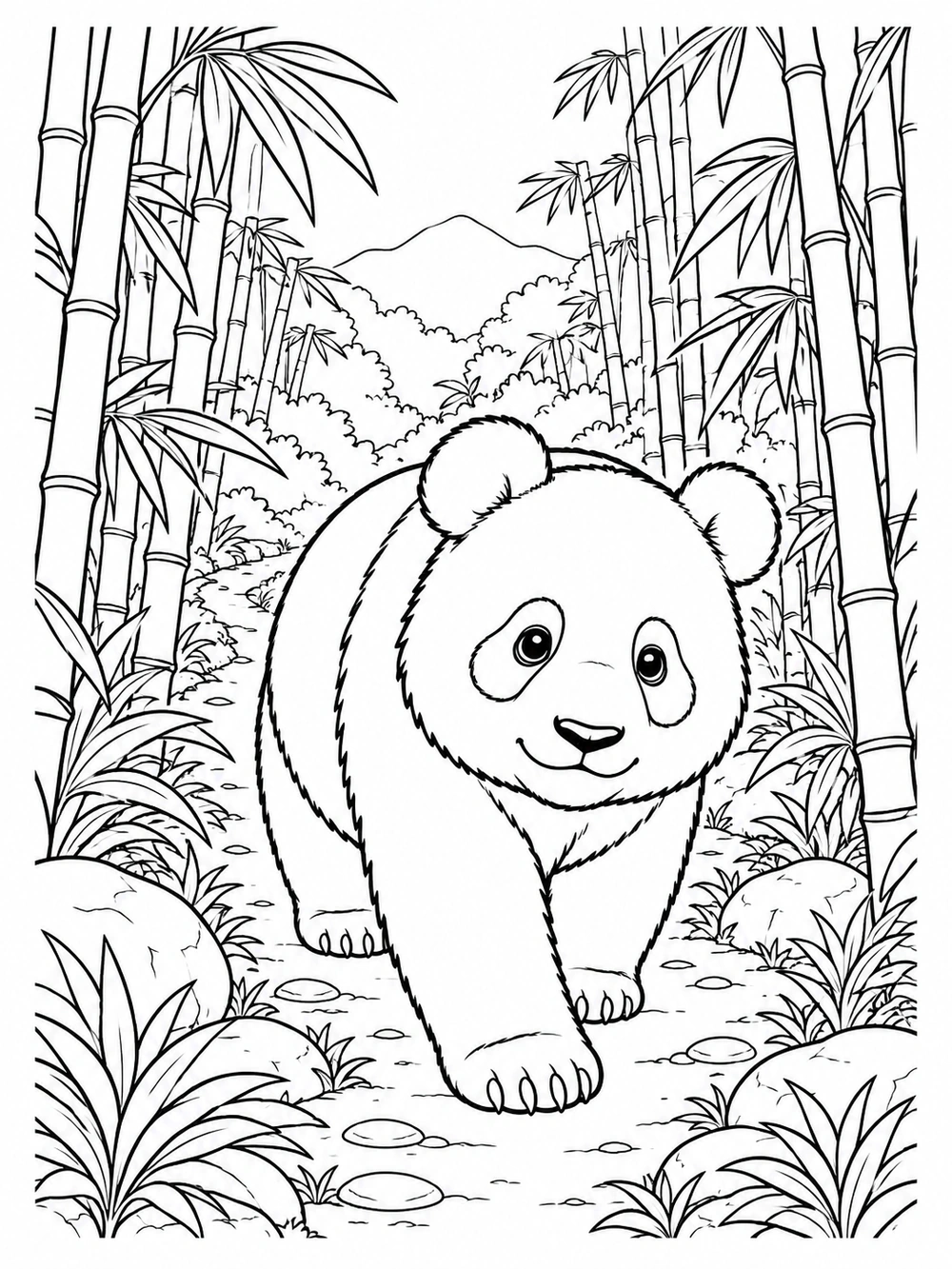 Black-and-white coloring page showing a walking panda on a winding forest path framed by bamboo stalks and leafy plants.