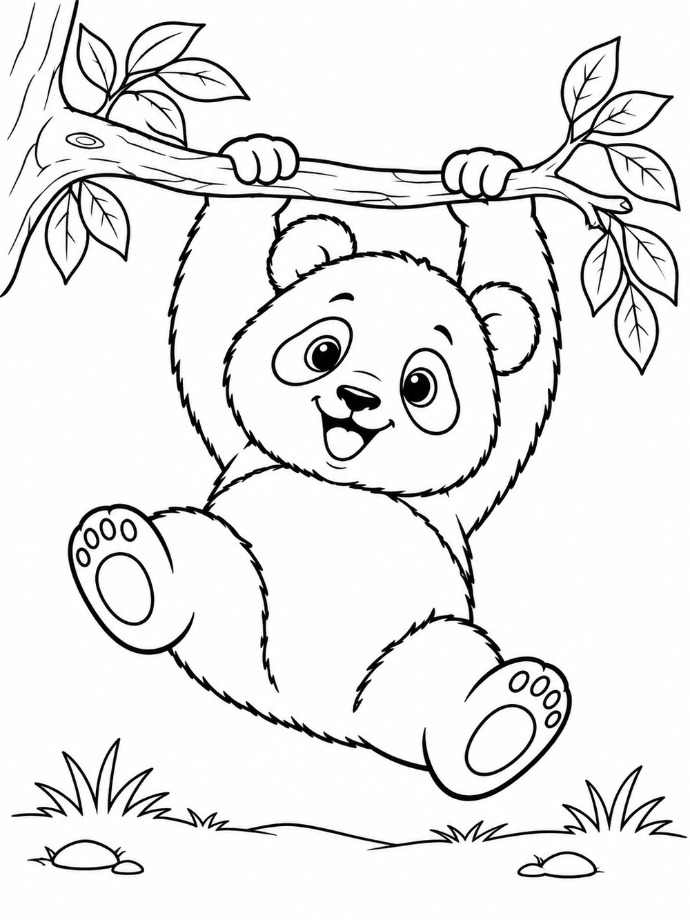 Black-and-white coloring page showing a playful panda hanging by both paws from a leafy tree branch above a simple ground line.