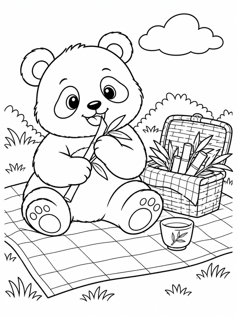 Seated panda holding bamboo beside an open basket on a picnic blanket, with a cup and cloud.