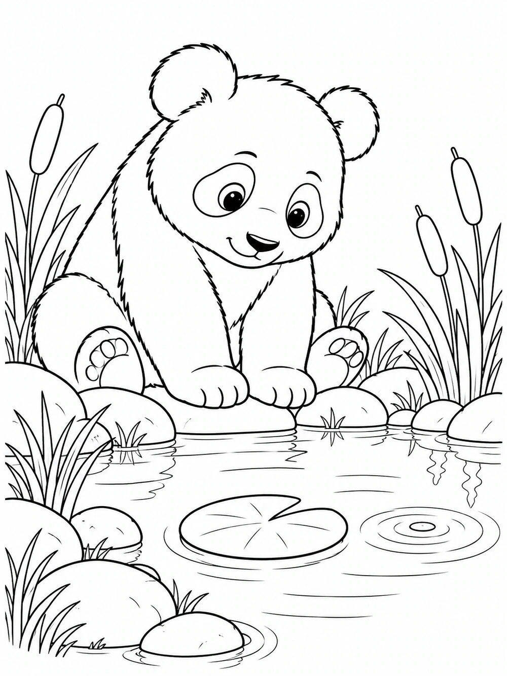 Black-and-white panda sitting at a pond framed by reeds and rounded stones, with a lily pad and ripples.