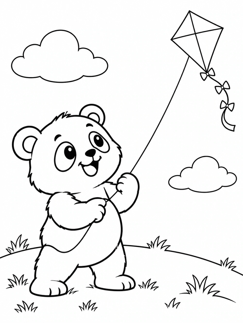 Standing panda holding a kite string on a hill, with a diamond kite, curling tail, clouds, and grass tufts.