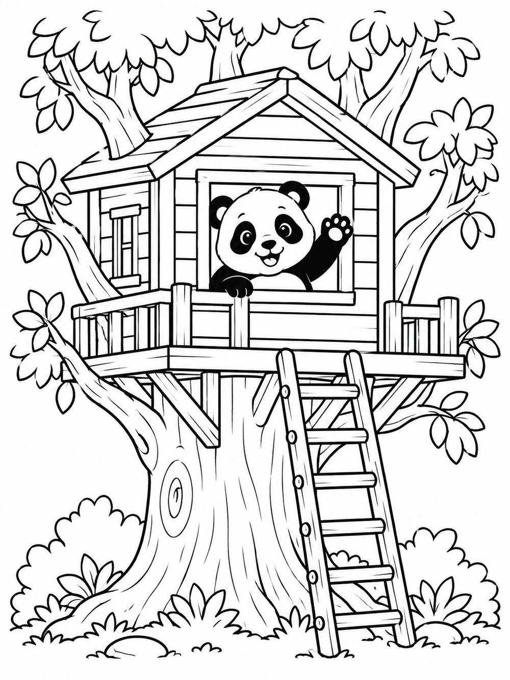 A panda waving from a treehouse built around a broad tree, with a ladder and leafy branches.