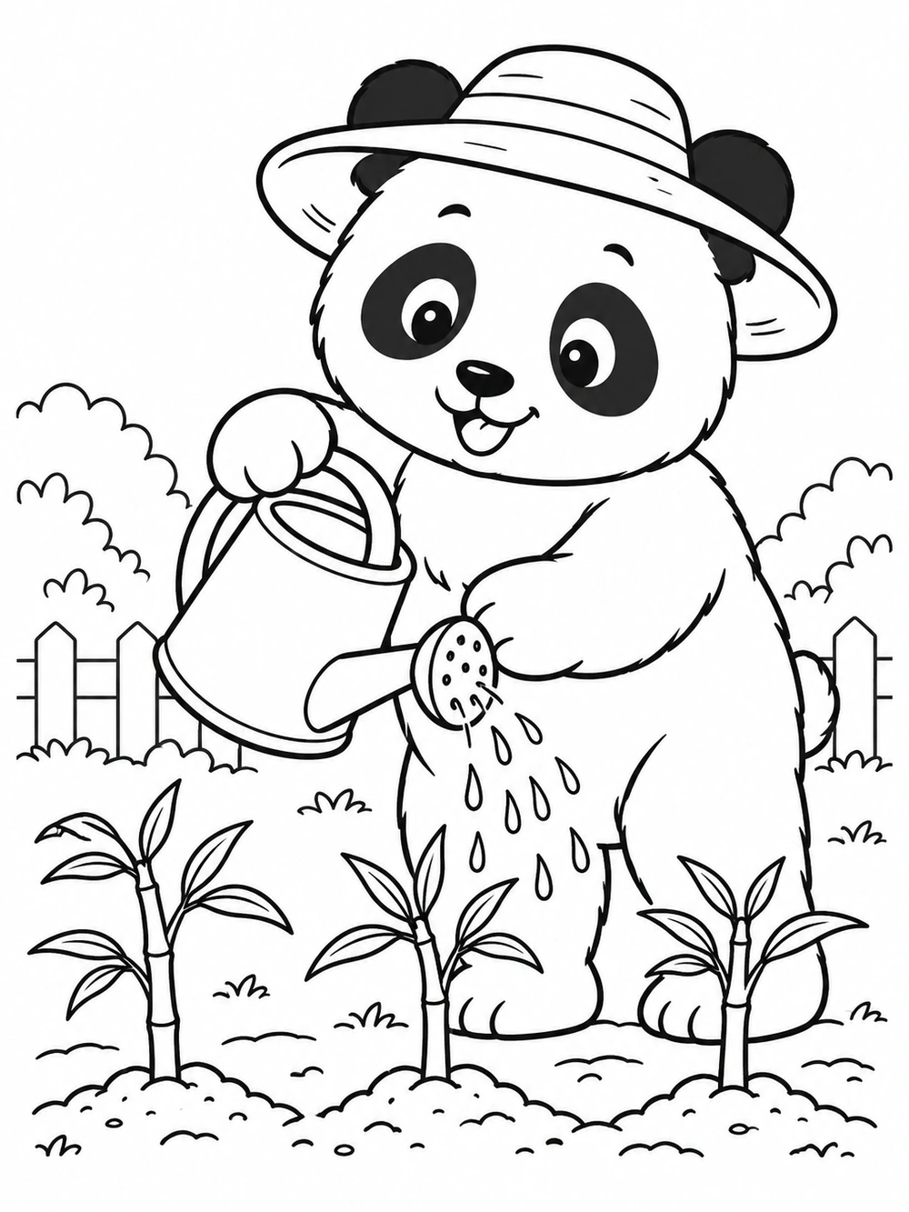 Panda wearing a garden hat and watering three bamboo seedlings in a row.