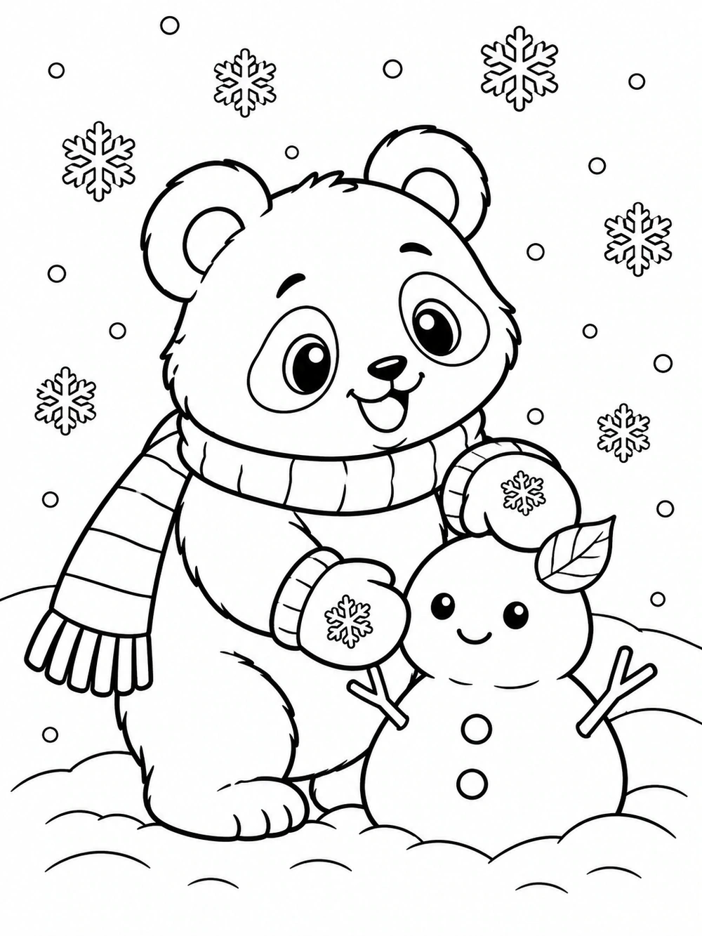 Black-and-white coloring page showing a scarf-wearing panda in mittens beside a small snow figure, with falling snowflakes and a snowbank.