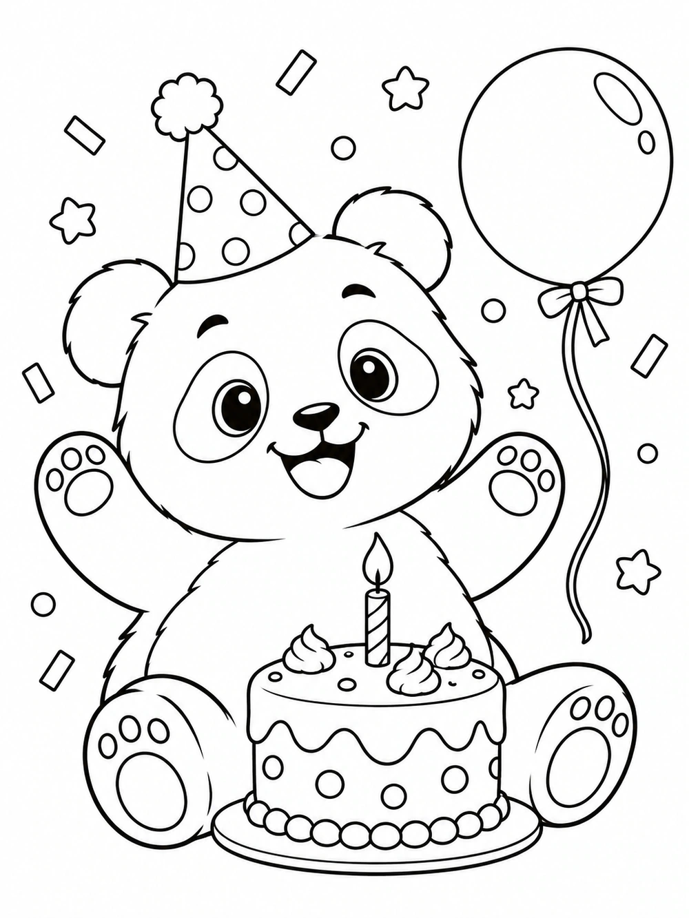 Smiling panda in a party hat beside a birthday cake with one candle, a round balloon, and confetti.