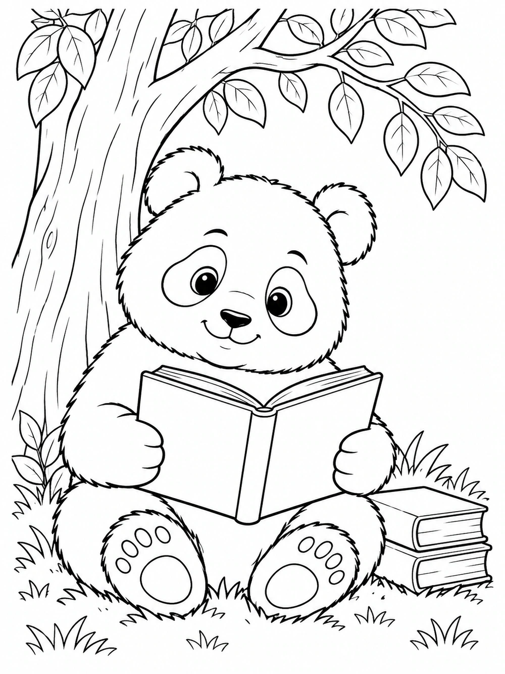 Black-and-white coloring page of a seated panda holding an open book beneath a tree, with two stacked books at its side.