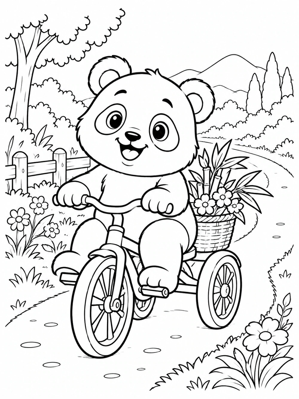 Black-and-white coloring page showing a panda riding a tricycle along a curved garden path with bamboo leaves, flowers, and all three wheels visible.