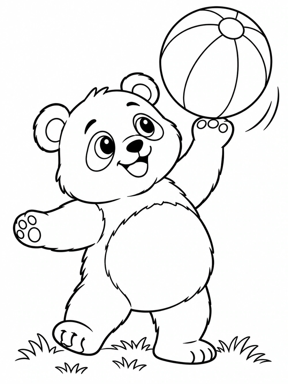 Standing panda balancing a large panelled ball on one raised paw, with grass and a curved motion line.