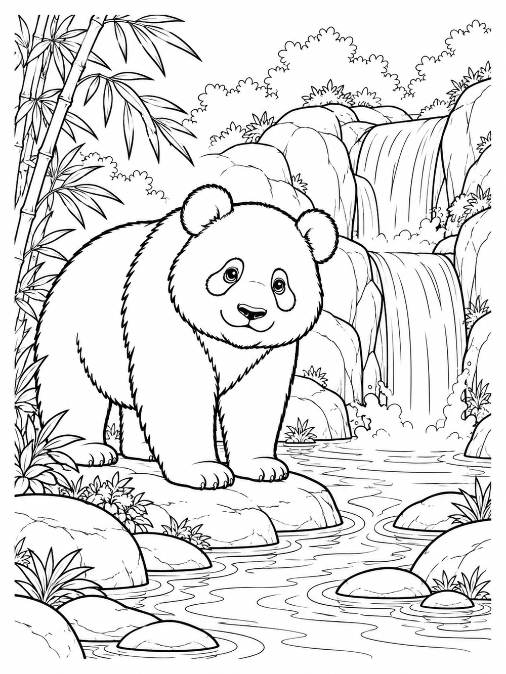 Panda standing beside a waterfall flowing into a rocky stream, with bamboo and plants around it.