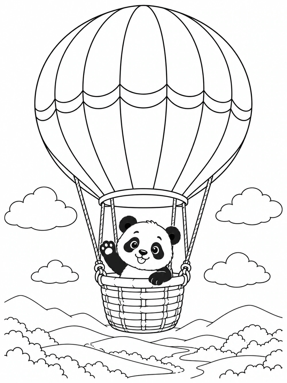Black-and-white coloring page showing a panda waving from a basket beneath a paneled hot air balloon, with clouds and hills.
