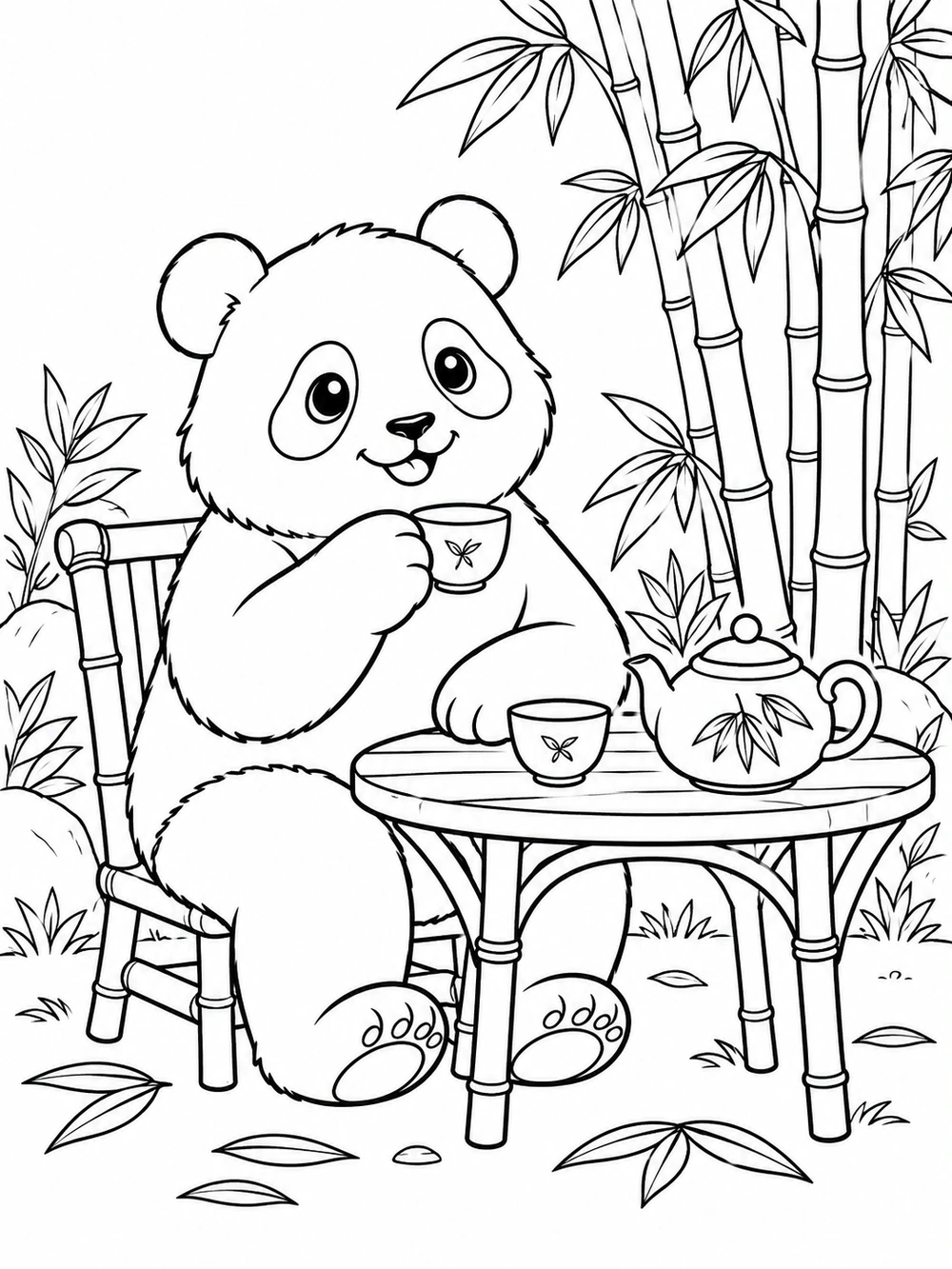 A seated panda holding a teacup at a round table with a teapot and another cup, beside bamboo and a simple chair.