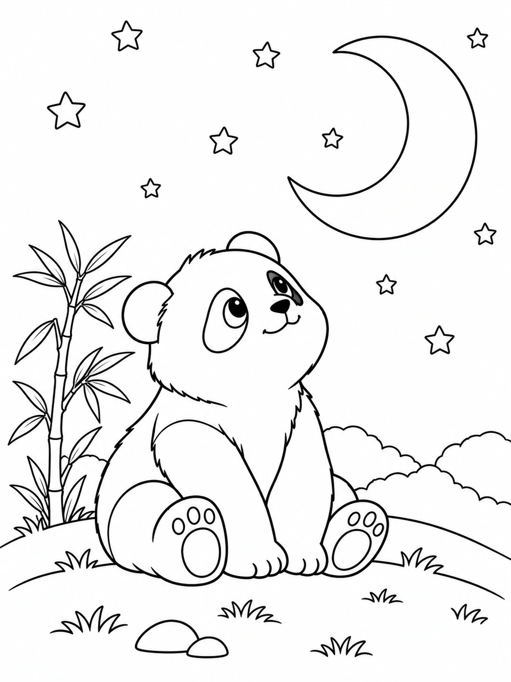 Black-and-white panda coloring page showing a seated panda looking up at a crescent moon and stars, beside bamboo on a rounded hillside.