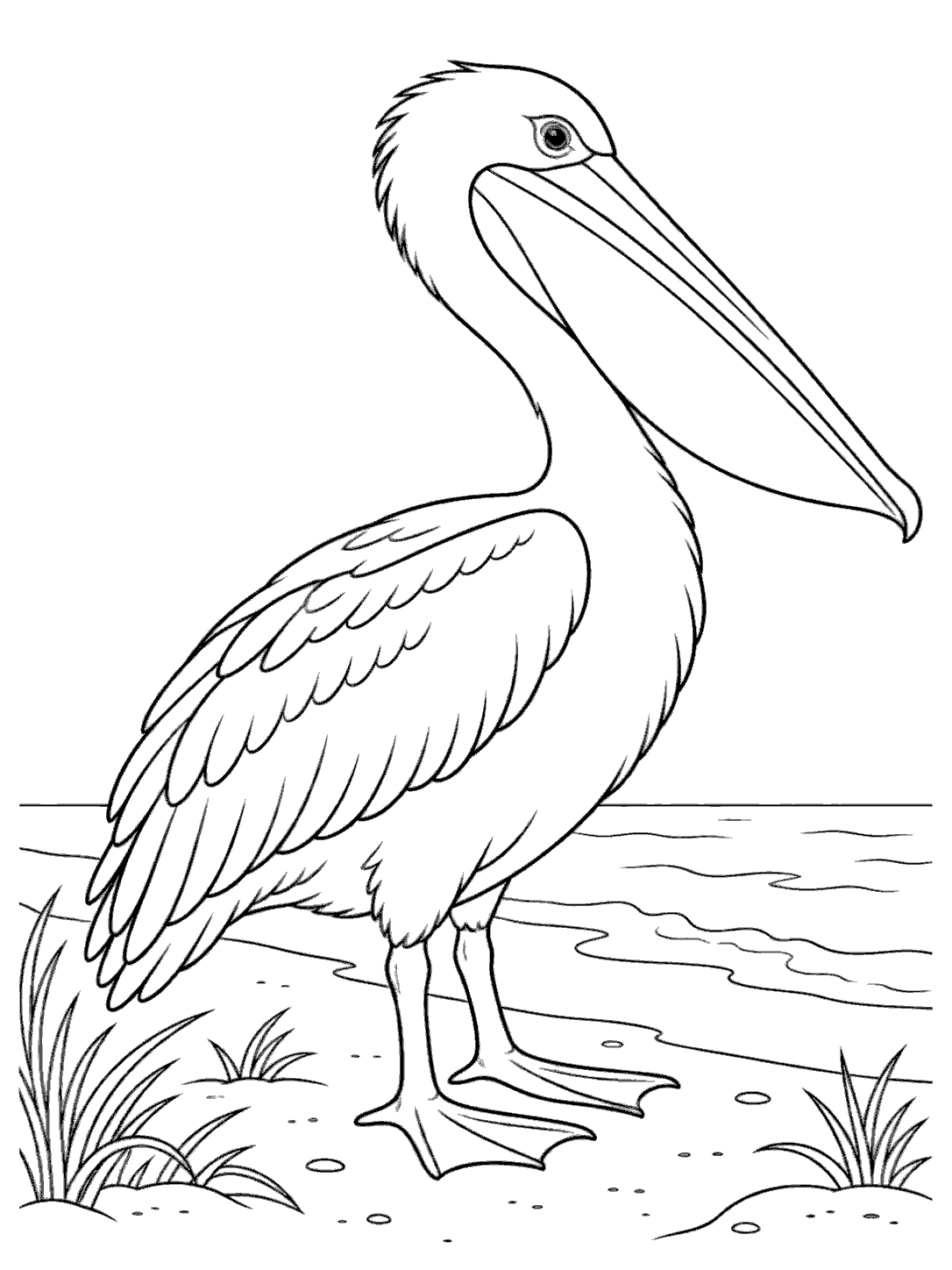 Black-outline pelican standing in profile on a beach with webbed feet, grass tufts, and shallow water