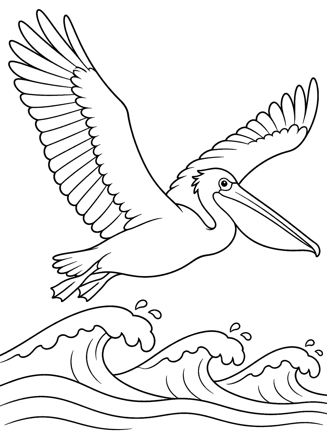 A wide-winged pelican flying above three curling ocean waves.