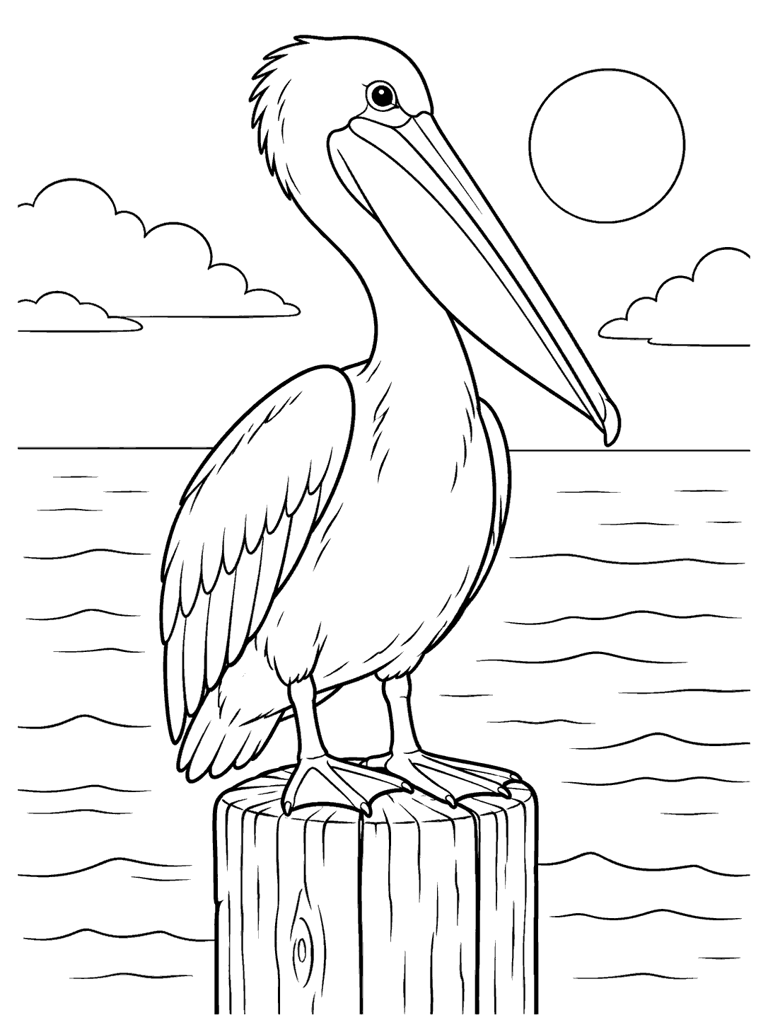 Black-and-white coloring page of a pelican standing on a wooden piling beside calm water, with clouds and a sun.